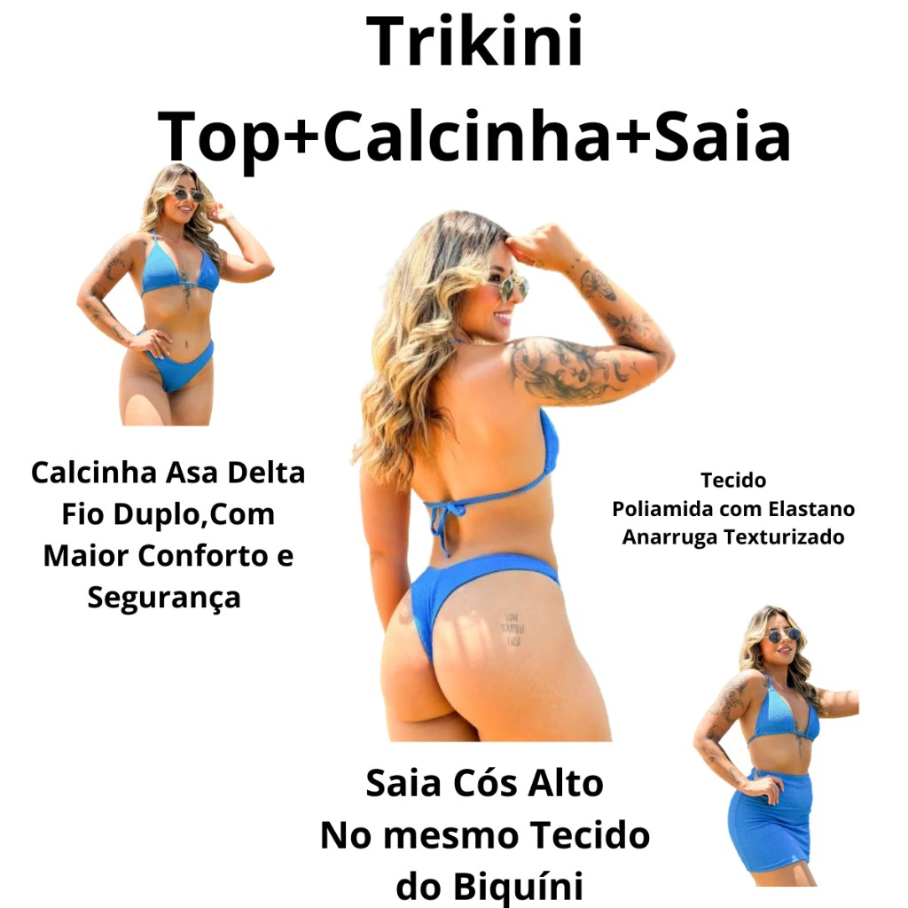 Kit 3 peças Biquíni Asa Delta Fio Duplo Com Saia Trikini