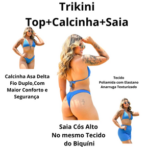 Kit 3 peças Biquíni Asa Delta Fio Duplo Com Saia Trikini